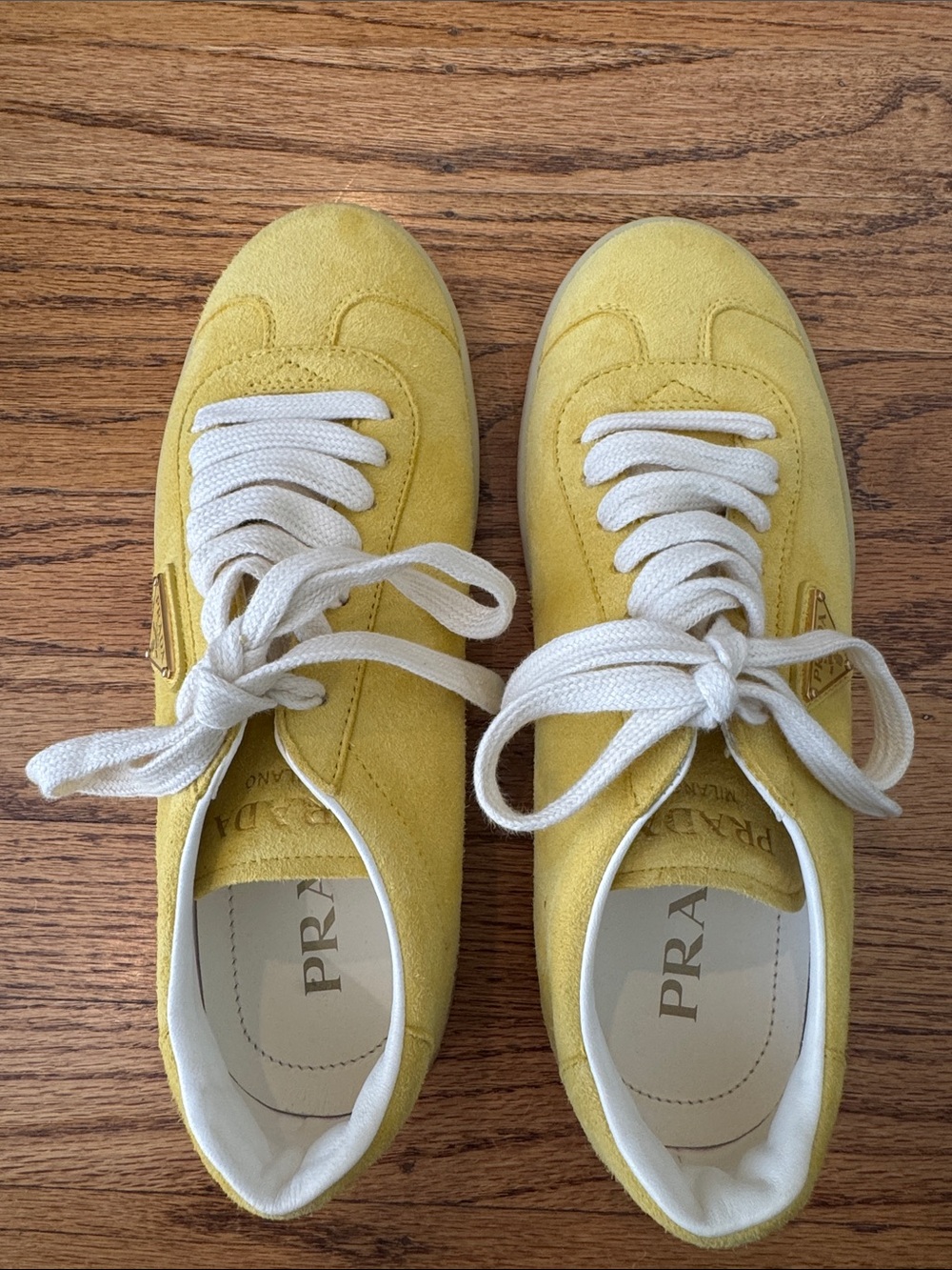 Prada Yellow Suede Low-Top Sneakers with White Laces